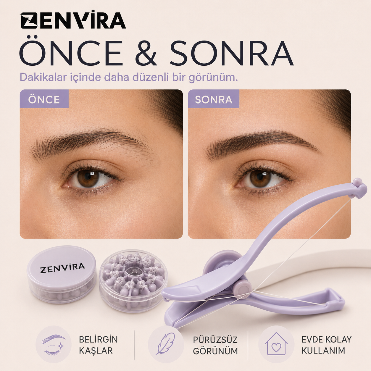 Zenvira™ İple Kaş Şekillendirme & Yüz Tüyü Alma Seti