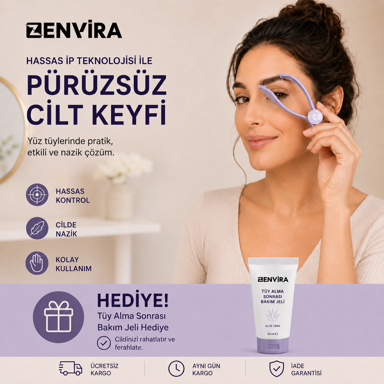 Zenvira™ İple Kaş Şekillendirme & Yüz Tüyü Alma Seti